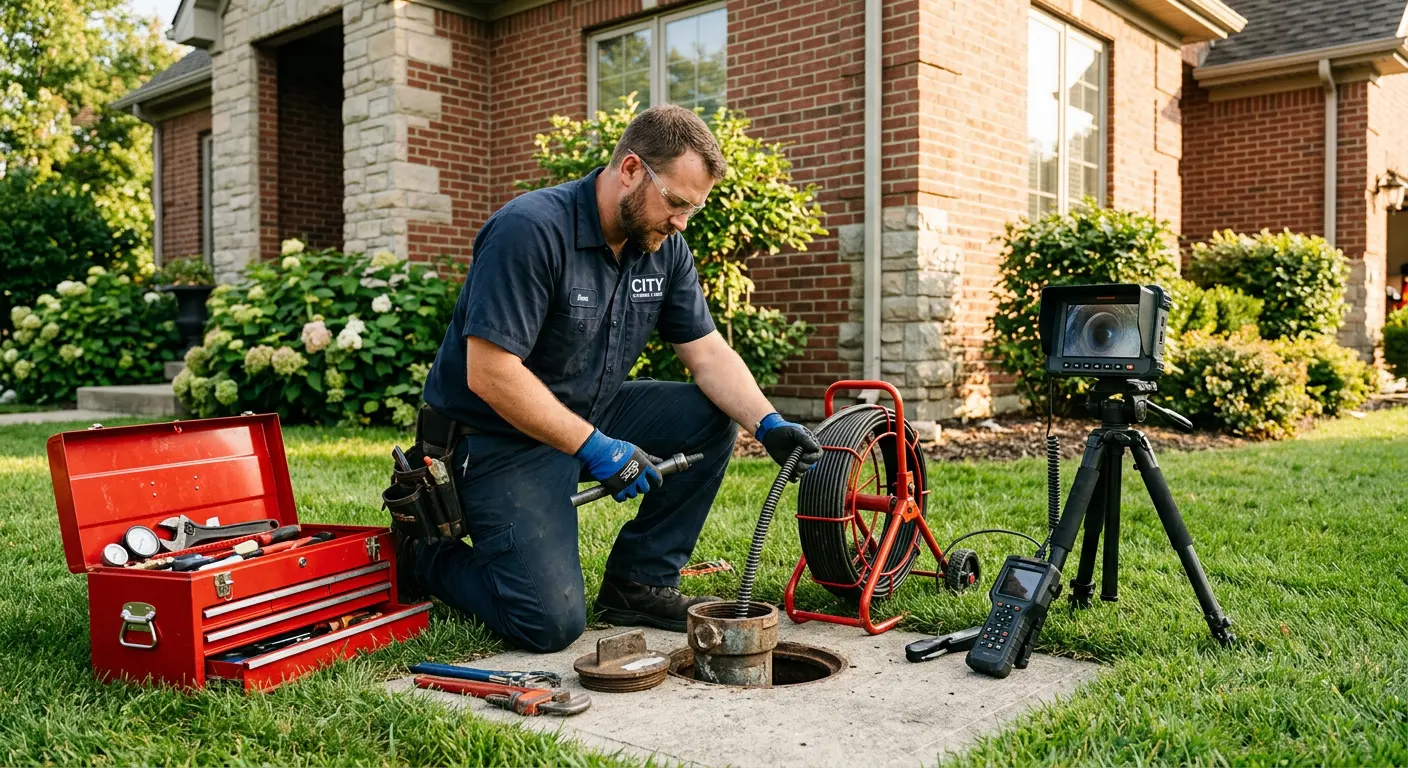 Sewer specialist with camera equipment servicing a cleanout in Alton
