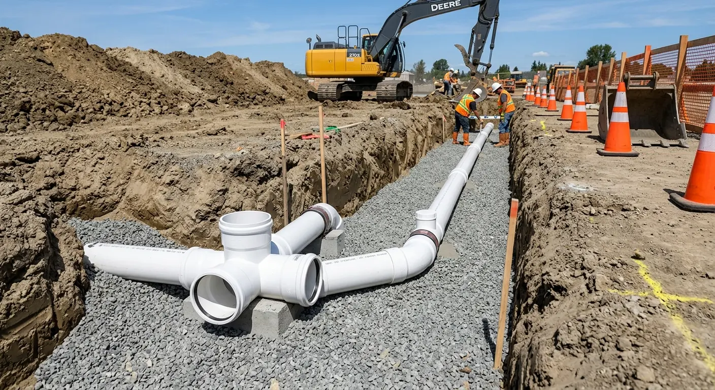 New PVC sewer pipe installation in open trench for Sewer Backup in Alton
