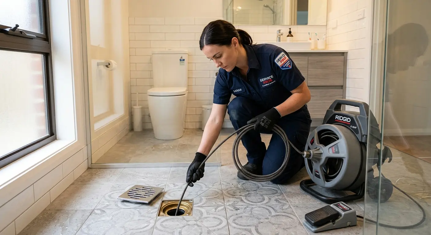 Technician clearing a bathroom floor drain for Drain Repair in Alton